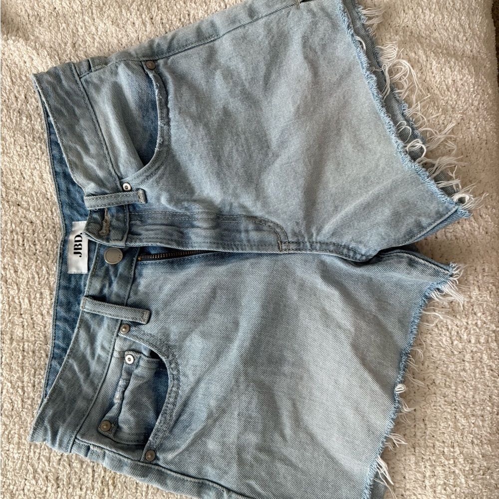 Boutique Blue Jean Shorts with Frayed Hem and Mid-Thigh Length